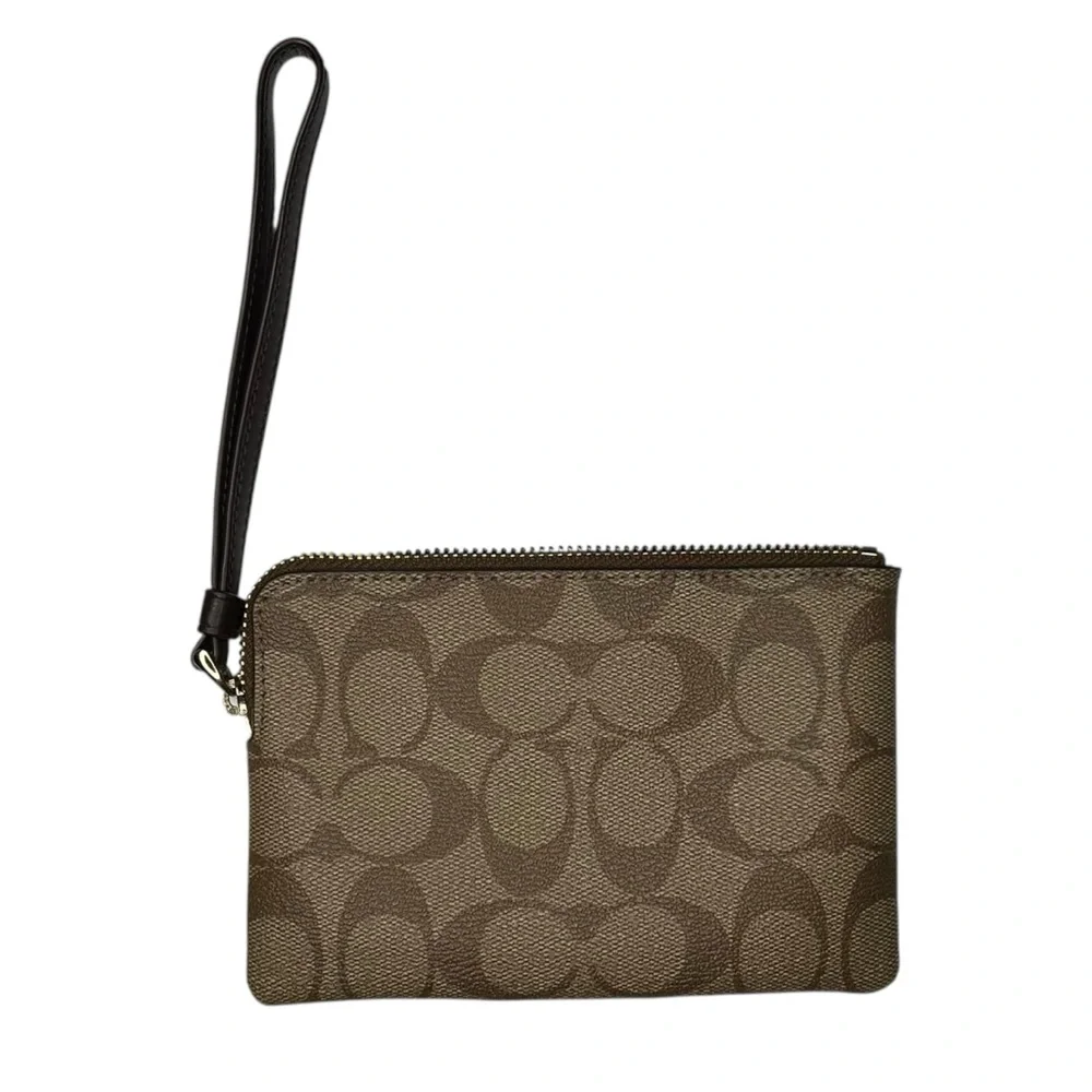 Coach Signature Canvas Corner Zip Wristlet Wallet Brown Gold
